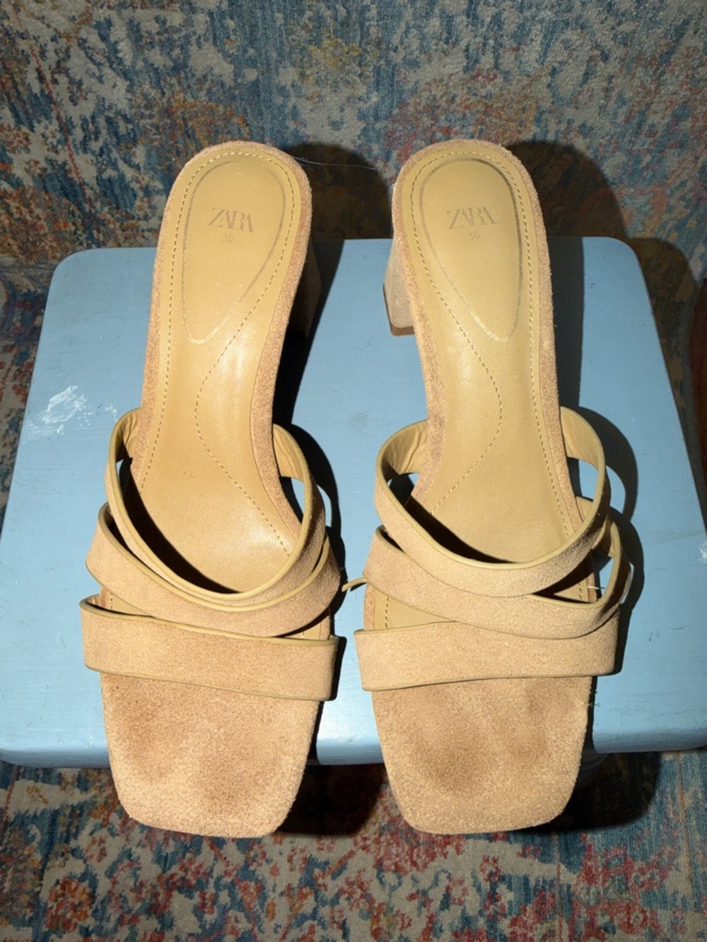 Zara Beige Suede Strappy Block Heel Mules - Picture 2 of 6